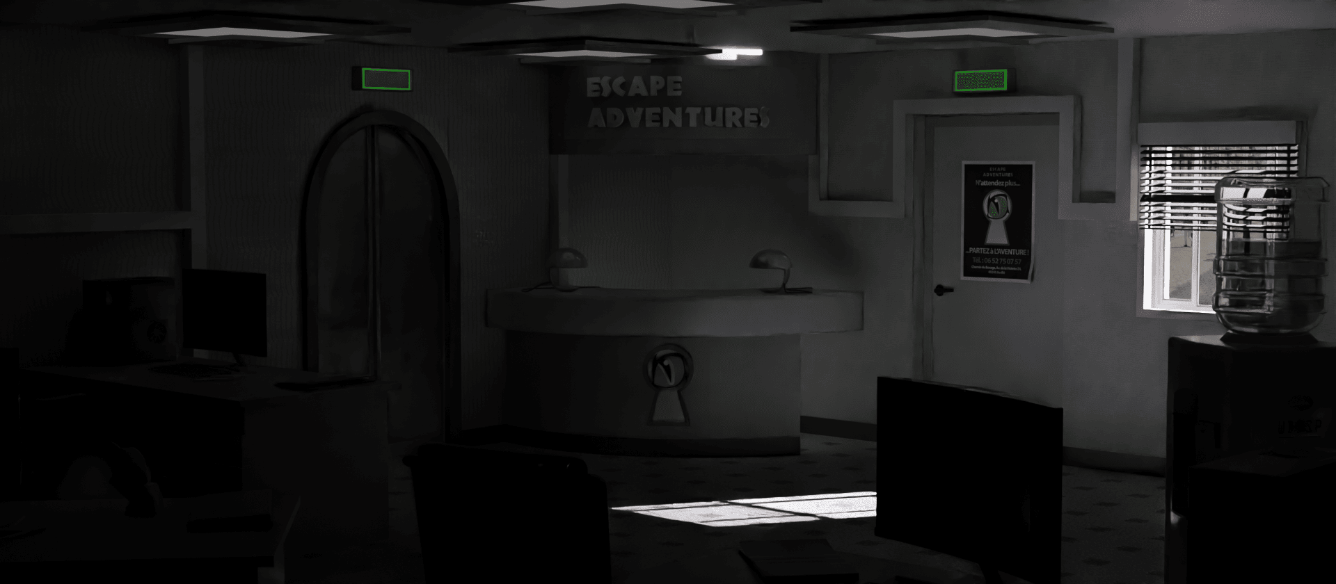 image de fond d'accueil du site de la société d'escape game escape adventures Angers représentant un bureau modélisé en 3D de nuit
