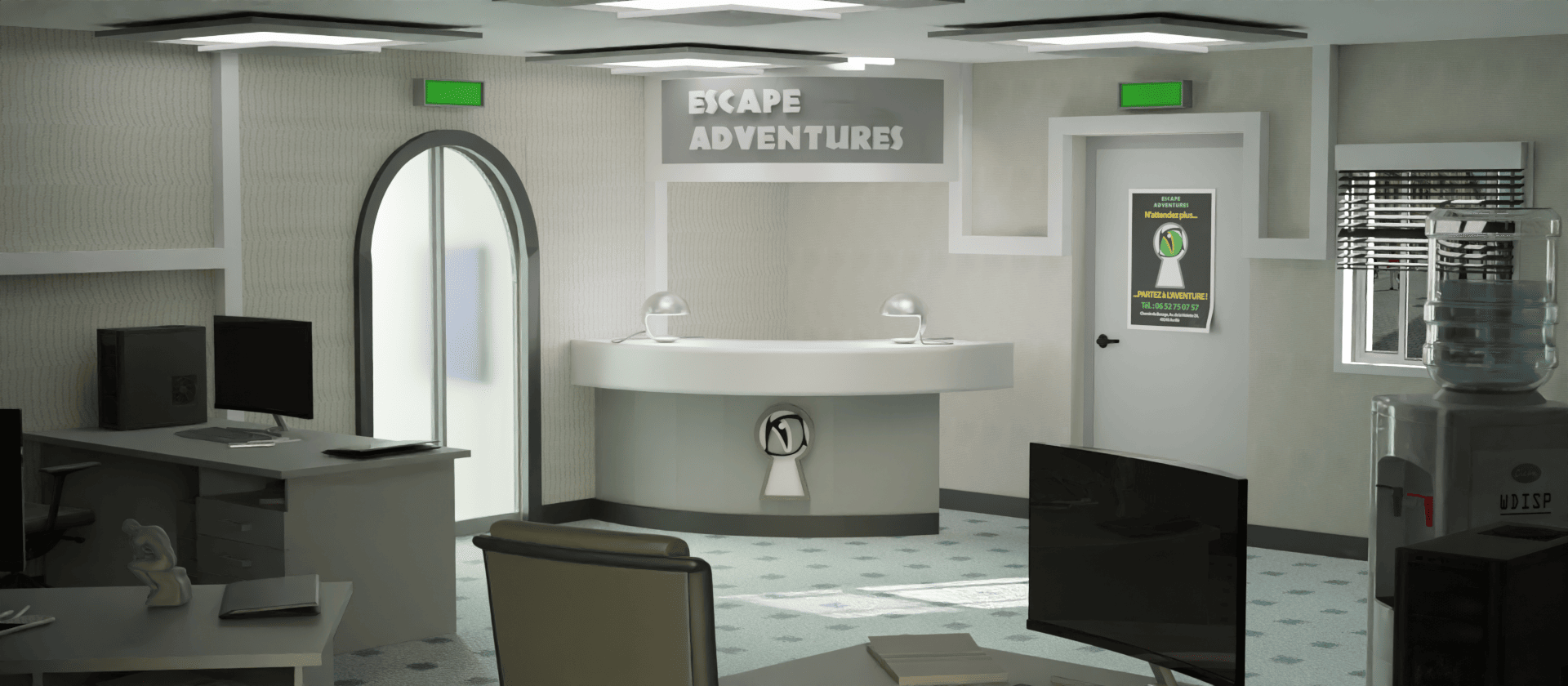 image de fond d'accueil du site de la société d'escape game escape adventures Angers représentant un bureau modélisé en 3D de jour