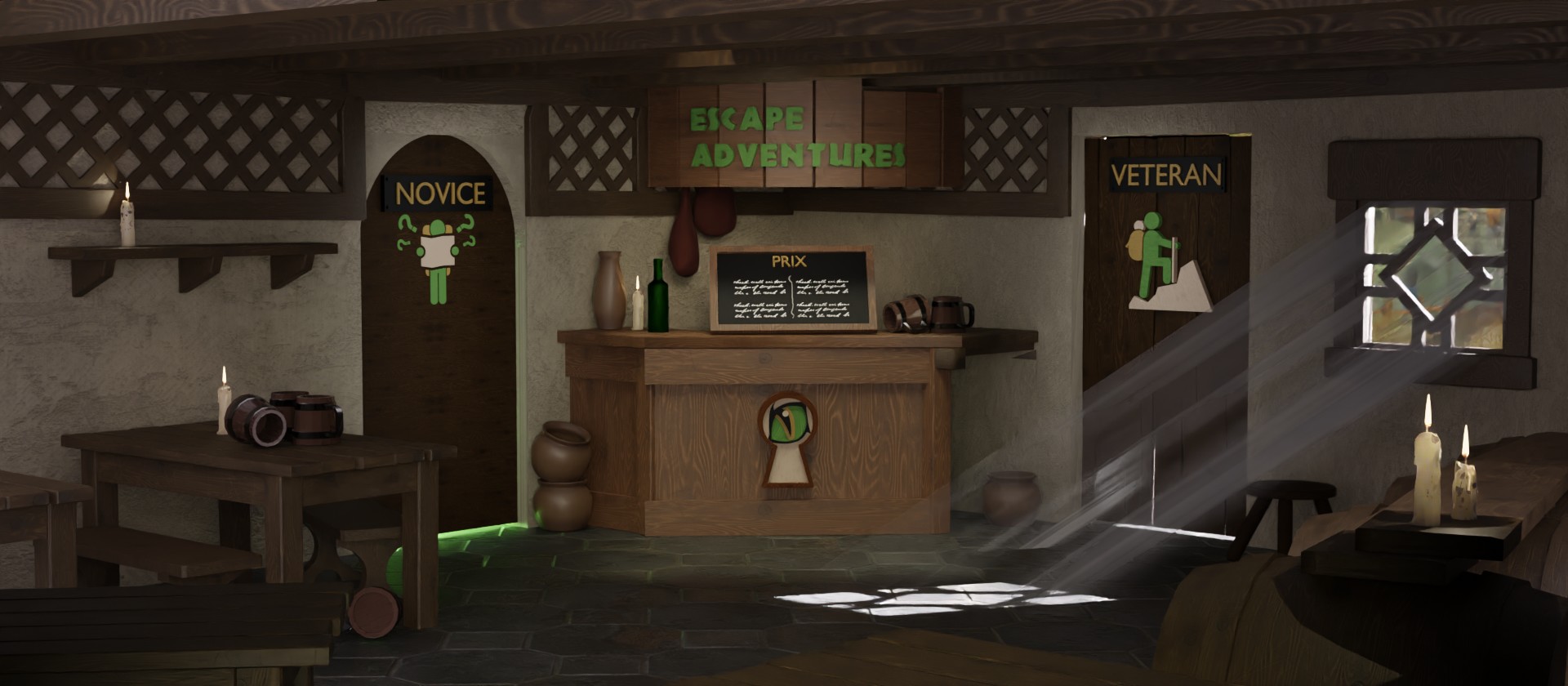 image de fond d'accueil du site de la société d'escape game escape adventures Angers représentant une taverne modélisée en 3D